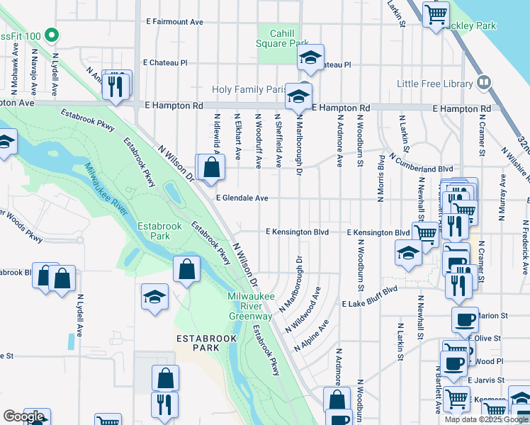map of restaurants, bars, coffee shops, grocery stores, and more near 813 East Glendale Avenue in Shorewood