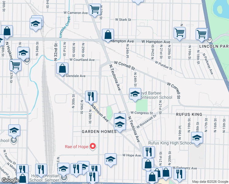 map of restaurants, bars, coffee shops, grocery stores, and more near 4518 North 26th Street in Milwaukee