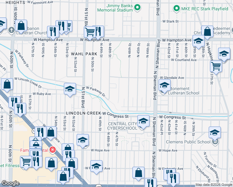map of restaurants, bars, coffee shops, grocery stores, and more near 4533 North 47th Street in Milwaukee