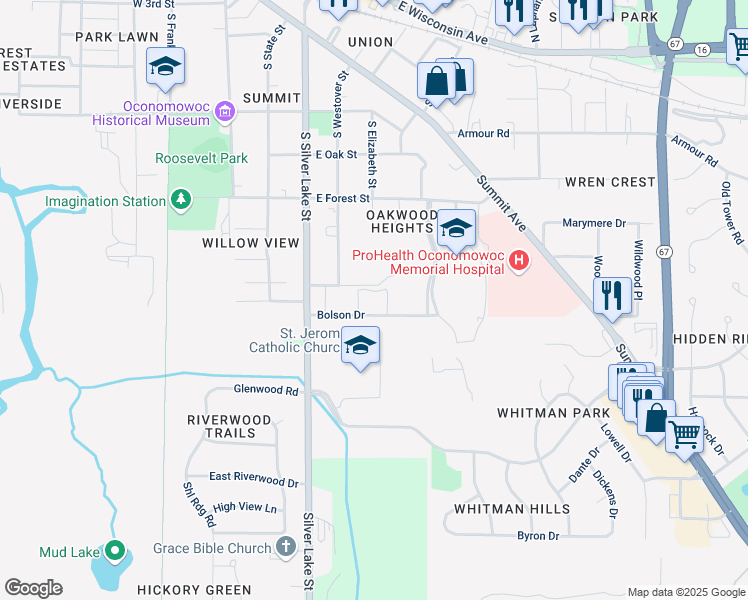 map of restaurants, bars, coffee shops, grocery stores, and more near 464 Bolson Drive in Oconomowoc