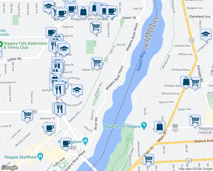 map of restaurants, bars, coffee shops, grocery stores, and more near 5193 River Road in Niagara Falls