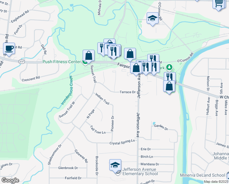 map of restaurants, bars, coffee shops, grocery stores, and more near 2 Terrace Villas in Fairport