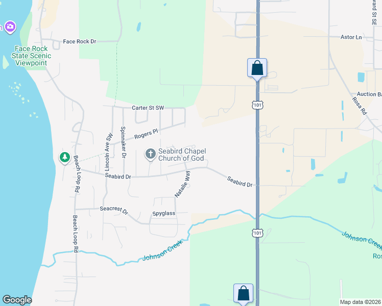 map of restaurants, bars, coffee shops, grocery stores, and more near 557 Shearwater Circle in Bandon