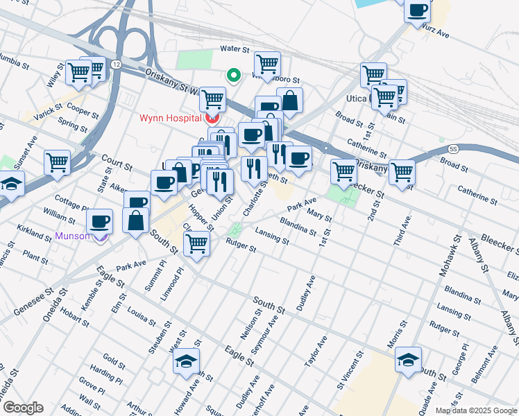 map of restaurants, bars, coffee shops, grocery stores, and more near 800 Park Avenue in Utica