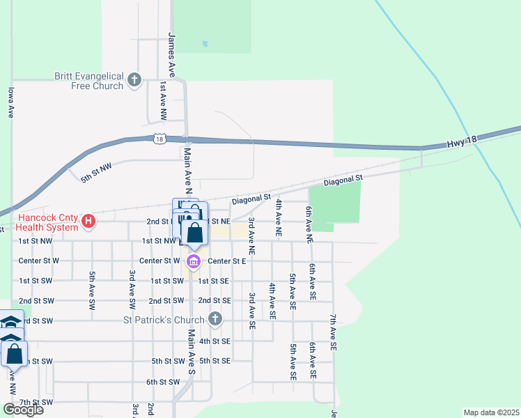 map of restaurants, bars, coffee shops, grocery stores, and more near 300-398 Diagonal Street Northeast in Britt