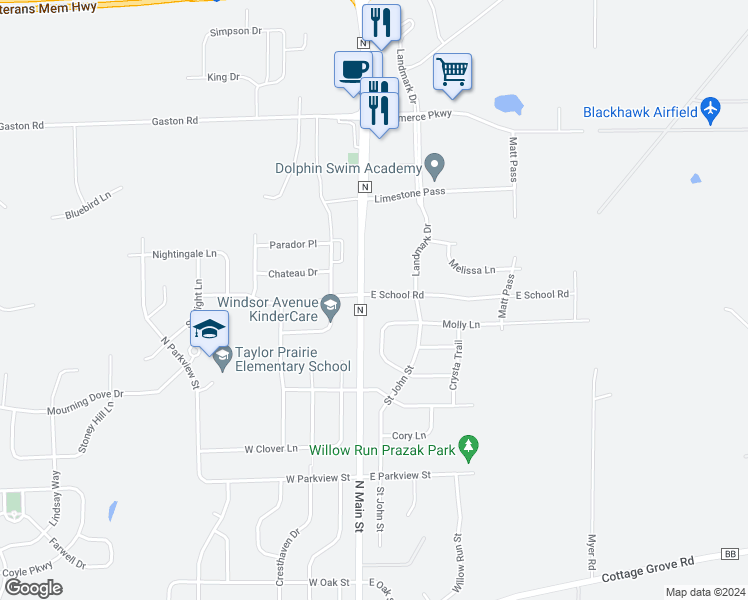 map of restaurants, bars, coffee shops, grocery stores, and more near 103 East School Road in Cottage Grove