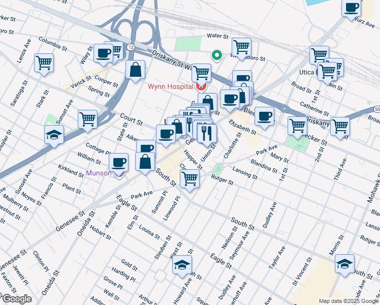 map of restaurants, bars, coffee shops, grocery stores, and more near 249 North Genesee Street in Utica
