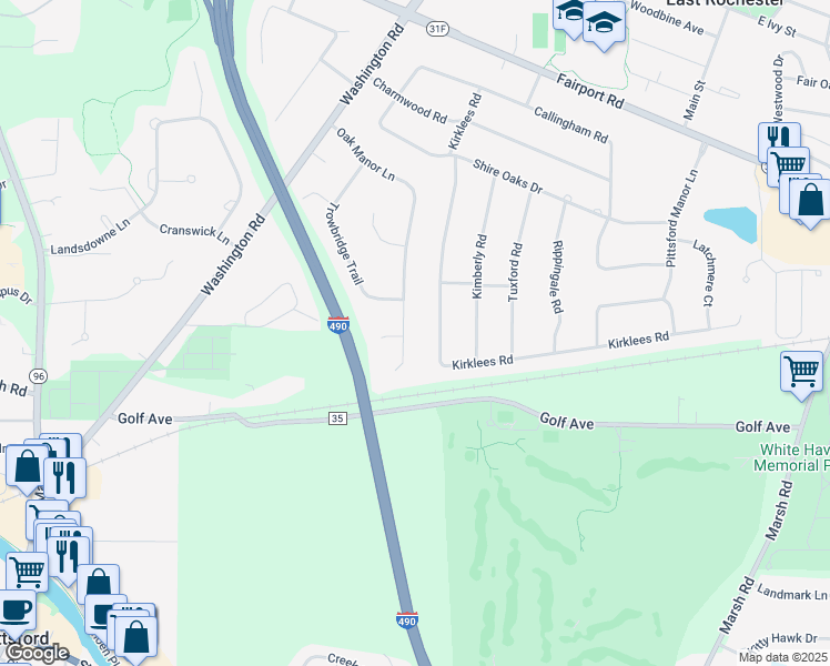map of restaurants, bars, coffee shops, grocery stores, and more near 47 Oak Manor Lane in Pittsford