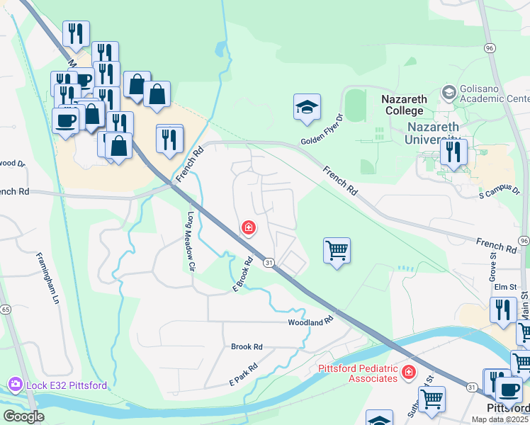 map of restaurants, bars, coffee shops, grocery stores, and more near 132 Brittany Lane in Pittsford