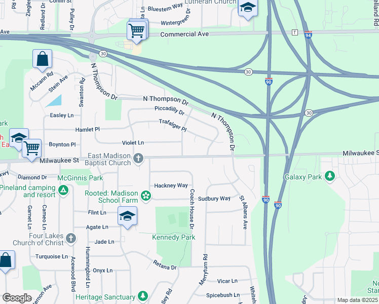 map of restaurants, bars, coffee shops, grocery stores, and more near 5208 Milwaukee Street in Madison