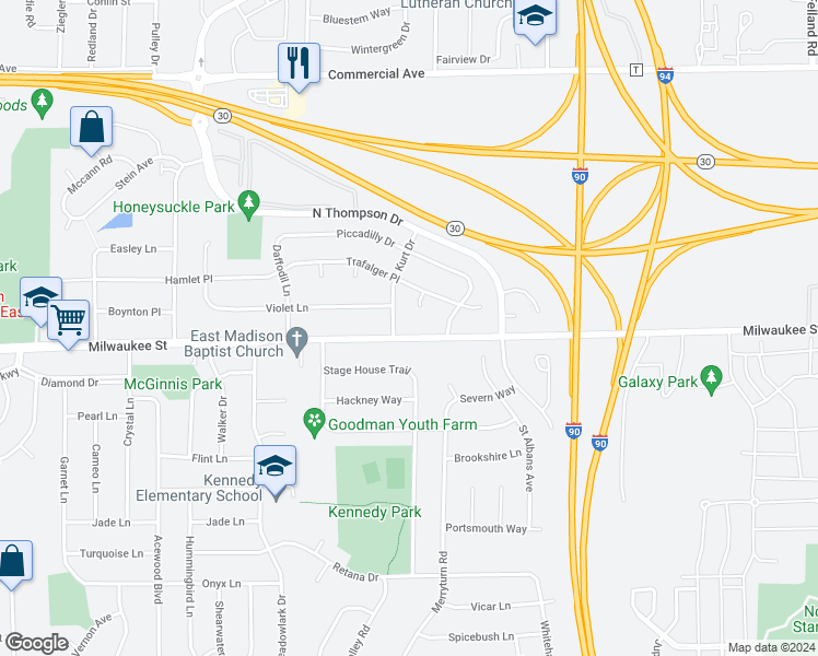 map of restaurants, bars, coffee shops, grocery stores, and more near 5206 Milwaukee Street in Madison