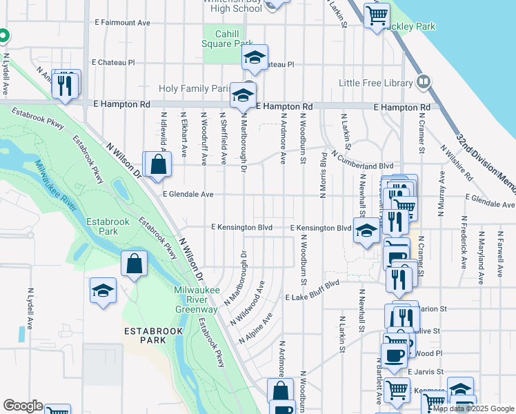 map of restaurants, bars, coffee shops, grocery stores, and more near 4538 North Marlborough Drive in Shorewood
