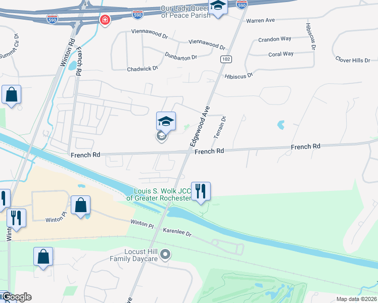 map of restaurants, bars, coffee shops, grocery stores, and more near French Road & Edgewood Avenue in Rochester