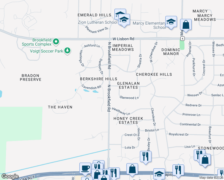 map of restaurants, bars, coffee shops, grocery stores, and more near 4436 North Brookfield Road in Brookfield