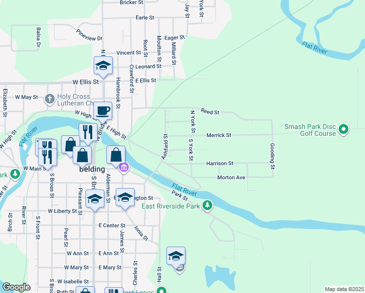 map of restaurants, bars, coffee shops, grocery stores, and more near 534 Crooks Street in Belding