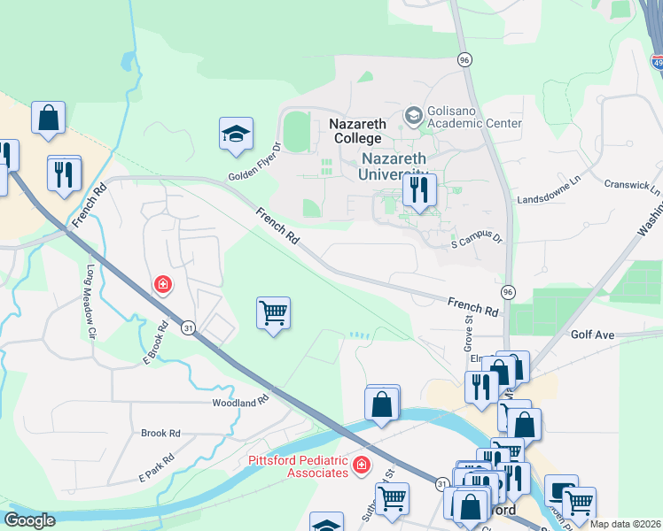 map of restaurants, bars, coffee shops, grocery stores, and more near 80 French Road in Rochester