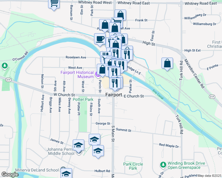 map of restaurants, bars, coffee shops, grocery stores, and more near 58 South Main Street in Fairport