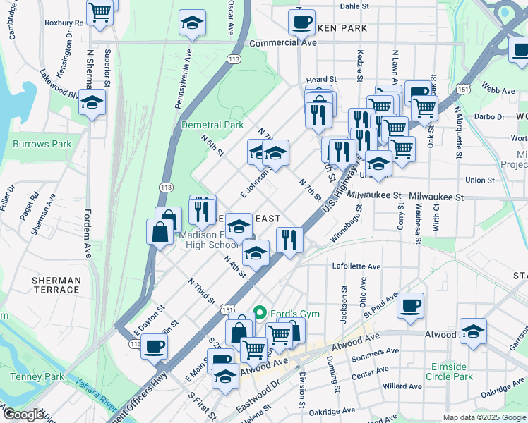 map of restaurants, bars, coffee shops, grocery stores, and more near 2331 East Dayton Street in Madison
