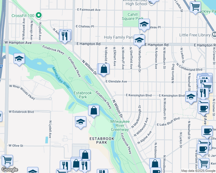 map of restaurants, bars, coffee shops, grocery stores, and more near 715 East Glendale Avenue in Shorewood