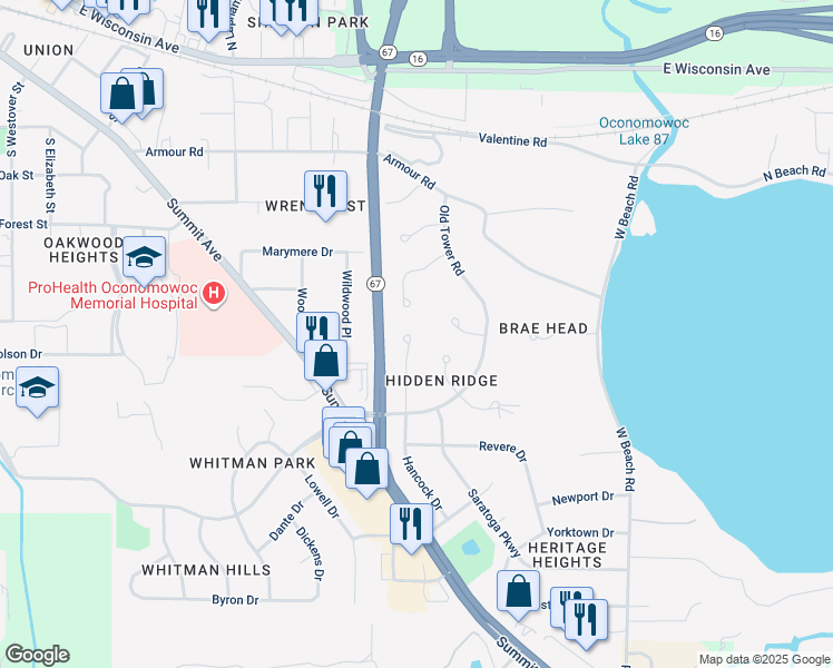 map of restaurants, bars, coffee shops, grocery stores, and more near 867 Hancock Court in Oconomowoc
