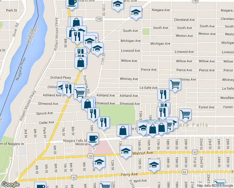 map of restaurants, bars, coffee shops, grocery stores, and more near 1104 13th Street in Niagara Falls