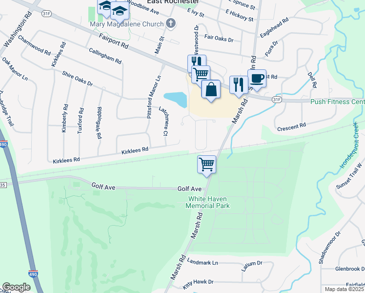 map of restaurants, bars, coffee shops, grocery stores, and more near 119 Kirklees Road in Pittsford