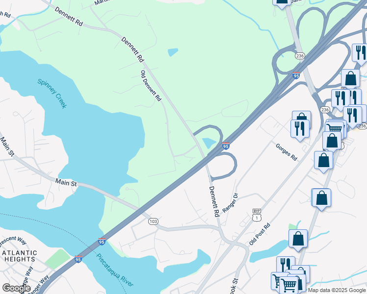 map of restaurants, bars, coffee shops, grocery stores, and more near 60a Old Dennett Road in Kittery