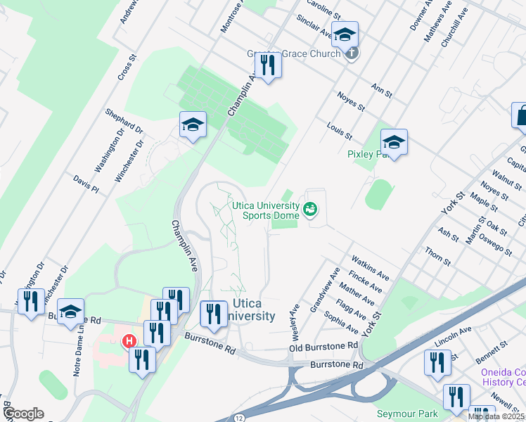 map of restaurants, bars, coffee shops, grocery stores, and more near 1463 65 Ney Ave in Utica