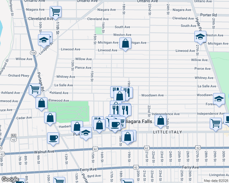 map of restaurants, bars, coffee shops, grocery stores, and more near 1710 Ashland Avenue in Niagara Falls