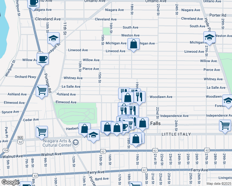 map of restaurants, bars, coffee shops, grocery stores, and more near 1544 Ashland Avenue in Niagara Falls