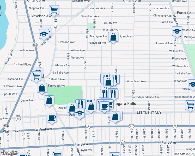 map of restaurants, bars, coffee shops, grocery stores, and more near 1544 Ashland Avenue in Niagara Falls