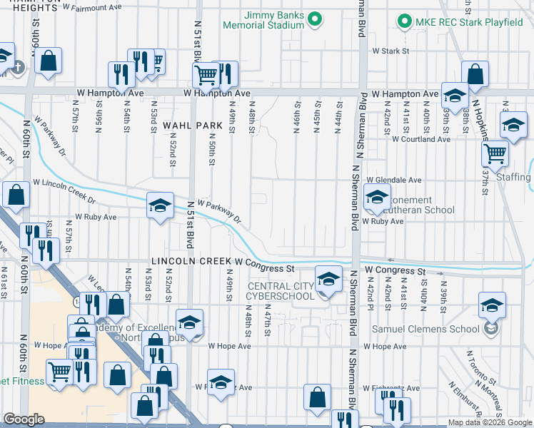 map of restaurants, bars, coffee shops, grocery stores, and more near 4533 North 47th Street in Milwaukee