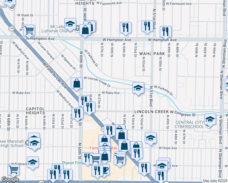 map of restaurants, bars, coffee shops, grocery stores, and more near 5519 West Lincoln Creek Drive in Milwaukee