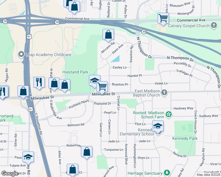 map of restaurants, bars, coffee shops, grocery stores, and more near 4525 Boynton Place in Madison