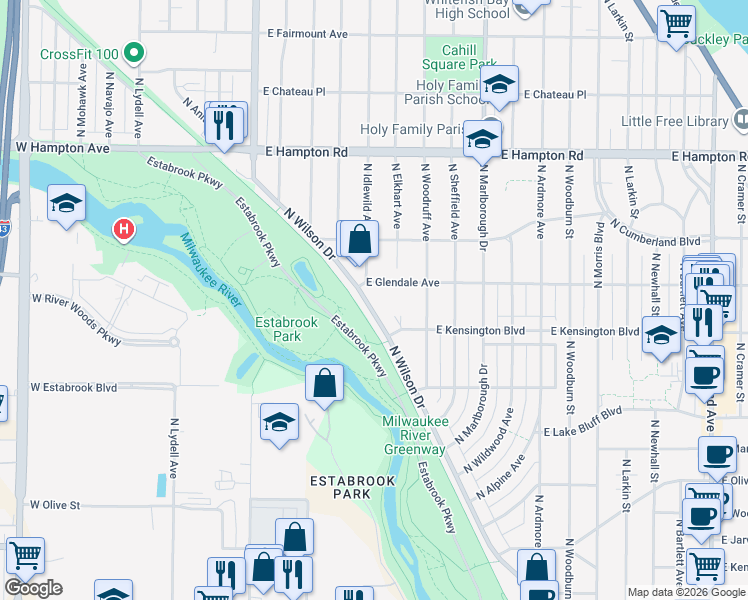 map of restaurants, bars, coffee shops, grocery stores, and more near 4532 North Wilson Drive in Milwaukee