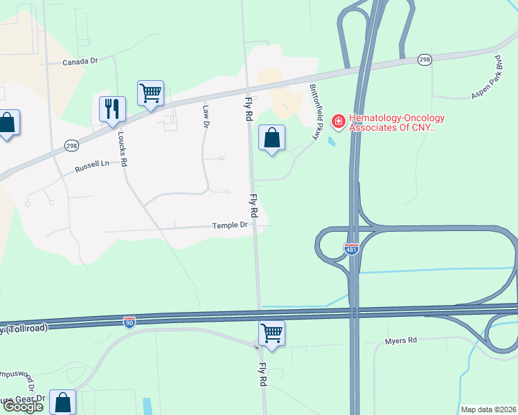 map of restaurants, bars, coffee shops, grocery stores, and more near 6780 Fly Road in East Syracuse
