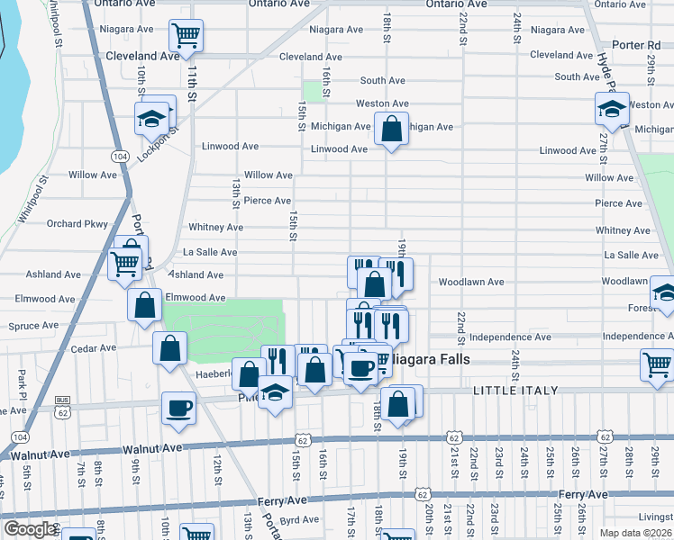 map of restaurants, bars, coffee shops, grocery stores, and more near 1544 Ashland Avenue in Niagara Falls