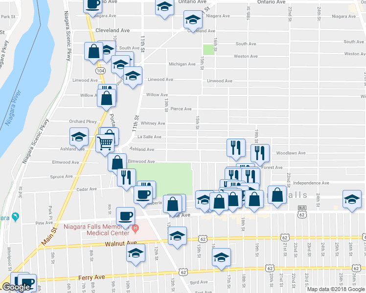 map of restaurants, bars, coffee shops, grocery stores, and more near 1336 Ashland Avenue in Niagara Falls