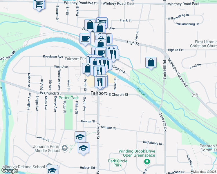 map of restaurants, bars, coffee shops, grocery stores, and more near 18 Pleasant Street in Fairport