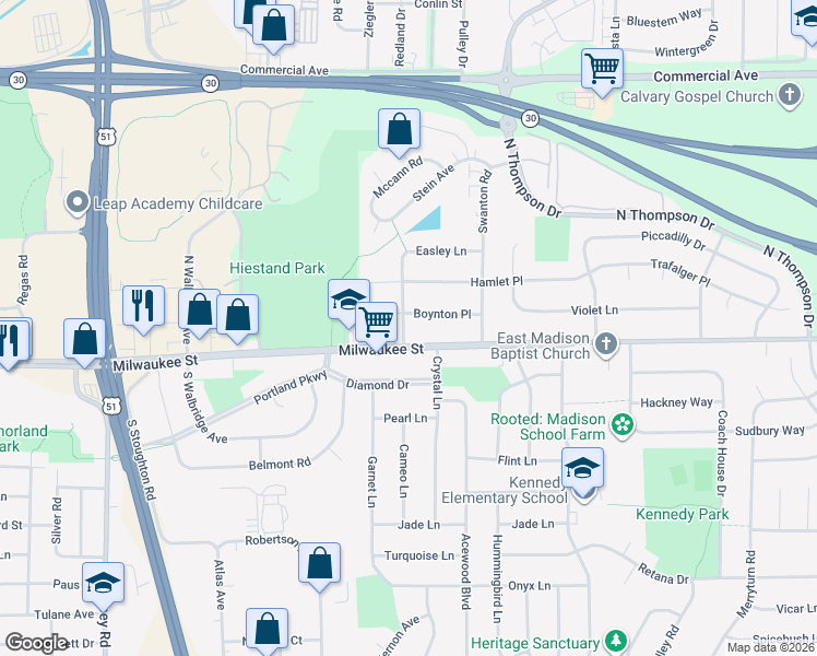 map of restaurants, bars, coffee shops, grocery stores, and more near 4525 Boynton Place in Madison
