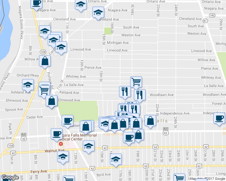 map of restaurants, bars, coffee shops, grocery stores, and more near 1544 Ashland Avenue in Niagara Falls