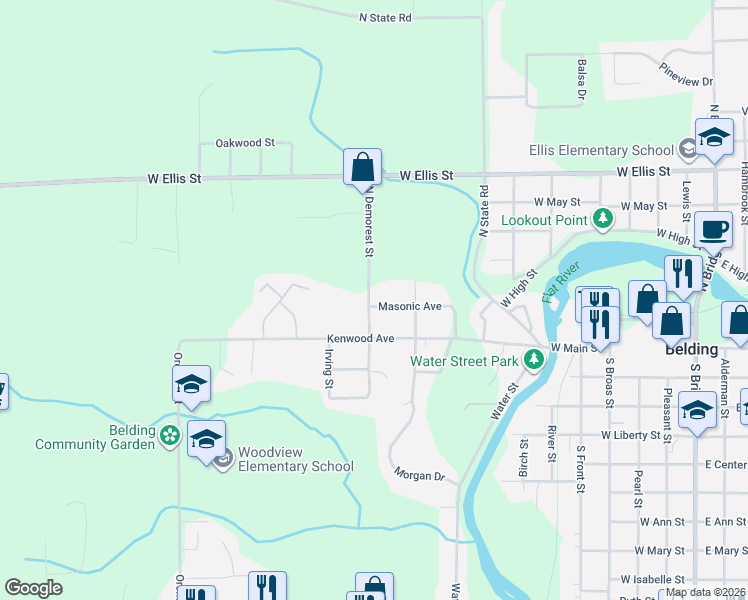 map of restaurants, bars, coffee shops, grocery stores, and more near 1040 Masonic Avenue in Belding