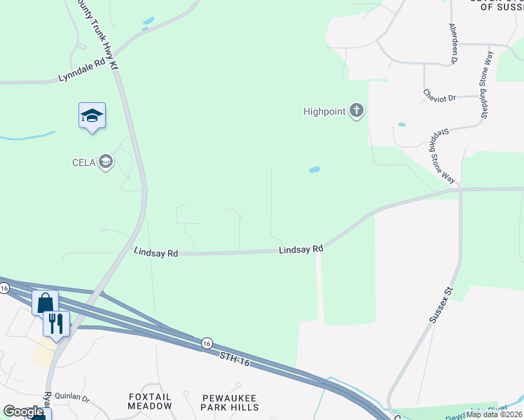map of restaurants, bars, coffee shops, grocery stores, and more near N44W25902 Lindsay Road in Pewaukee