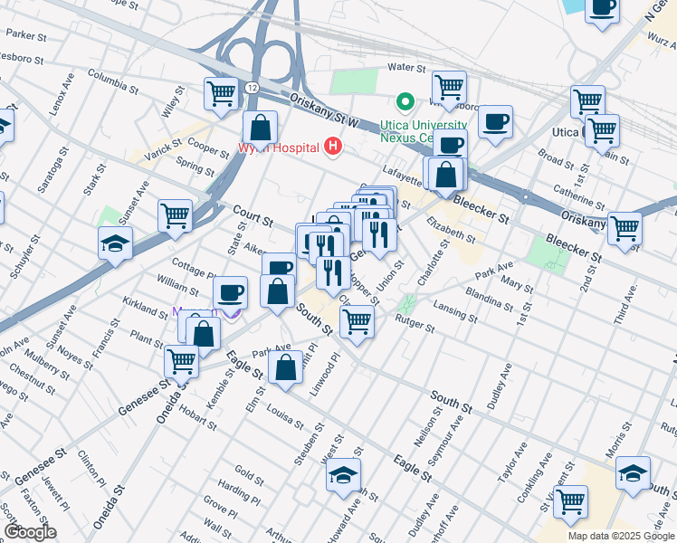 map of restaurants, bars, coffee shops, grocery stores, and more near 255 Genesee Street in Utica