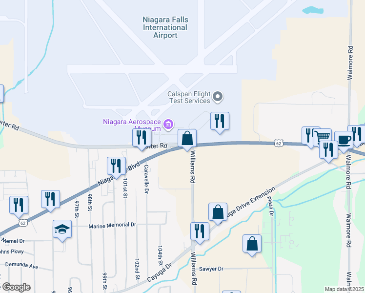 map of restaurants, bars, coffee shops, grocery stores, and more near 9998 Porter Road in Niagara Falls