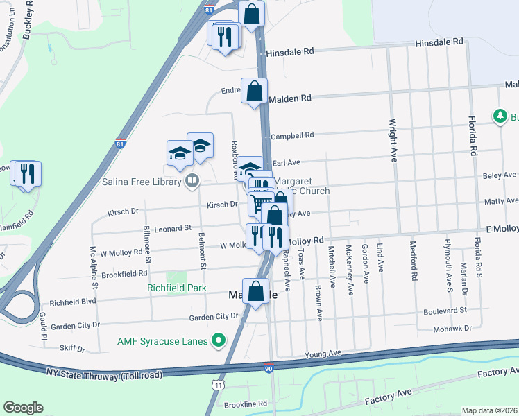 map of restaurants, bars, coffee shops, grocery stores, and more near 2307 Brewerton Road in Mattydale
