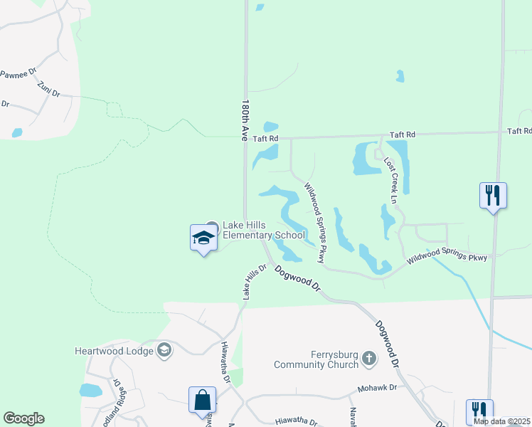 map of restaurants, bars, coffee shops, grocery stores, and more near 17867 Water Chase Trail in Spring Lake