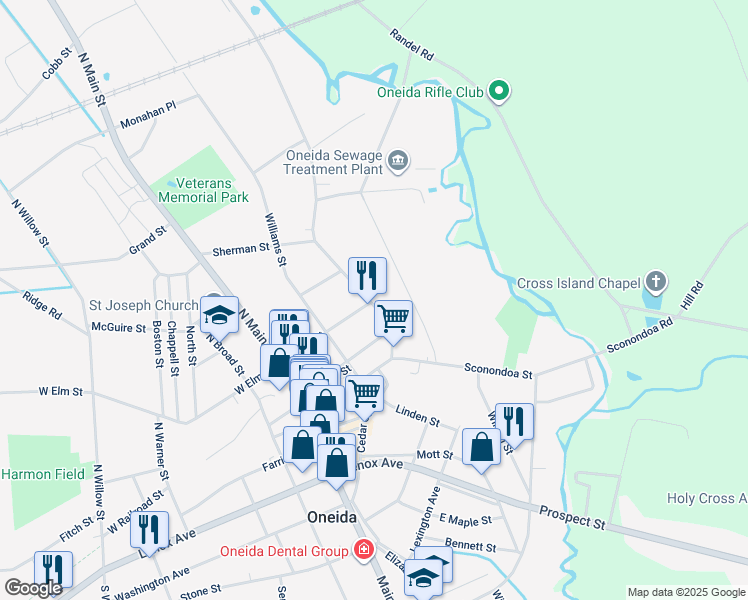 map of restaurants, bars, coffee shops, grocery stores, and more near 124 Lake Street in Oneida