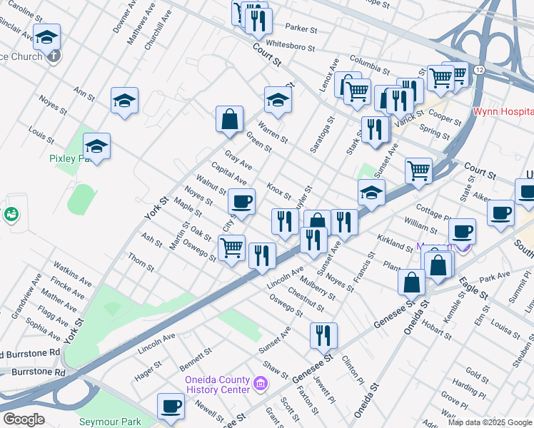 map of restaurants, bars, coffee shops, grocery stores, and more near 1020 Walnut Street in Utica