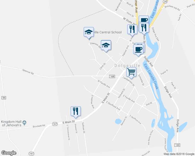 map of restaurants, bars, coffee shops, grocery stores, and more near 22 West Faville Avenue in Dolgeville